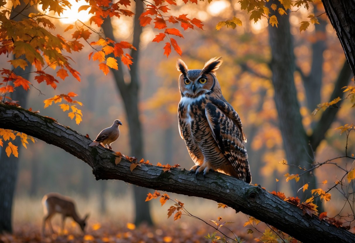 An owl perched on a tree branch in an autumn forest, calling out as other animals like a deer and squirrels are nearby among colorful fall leaves.