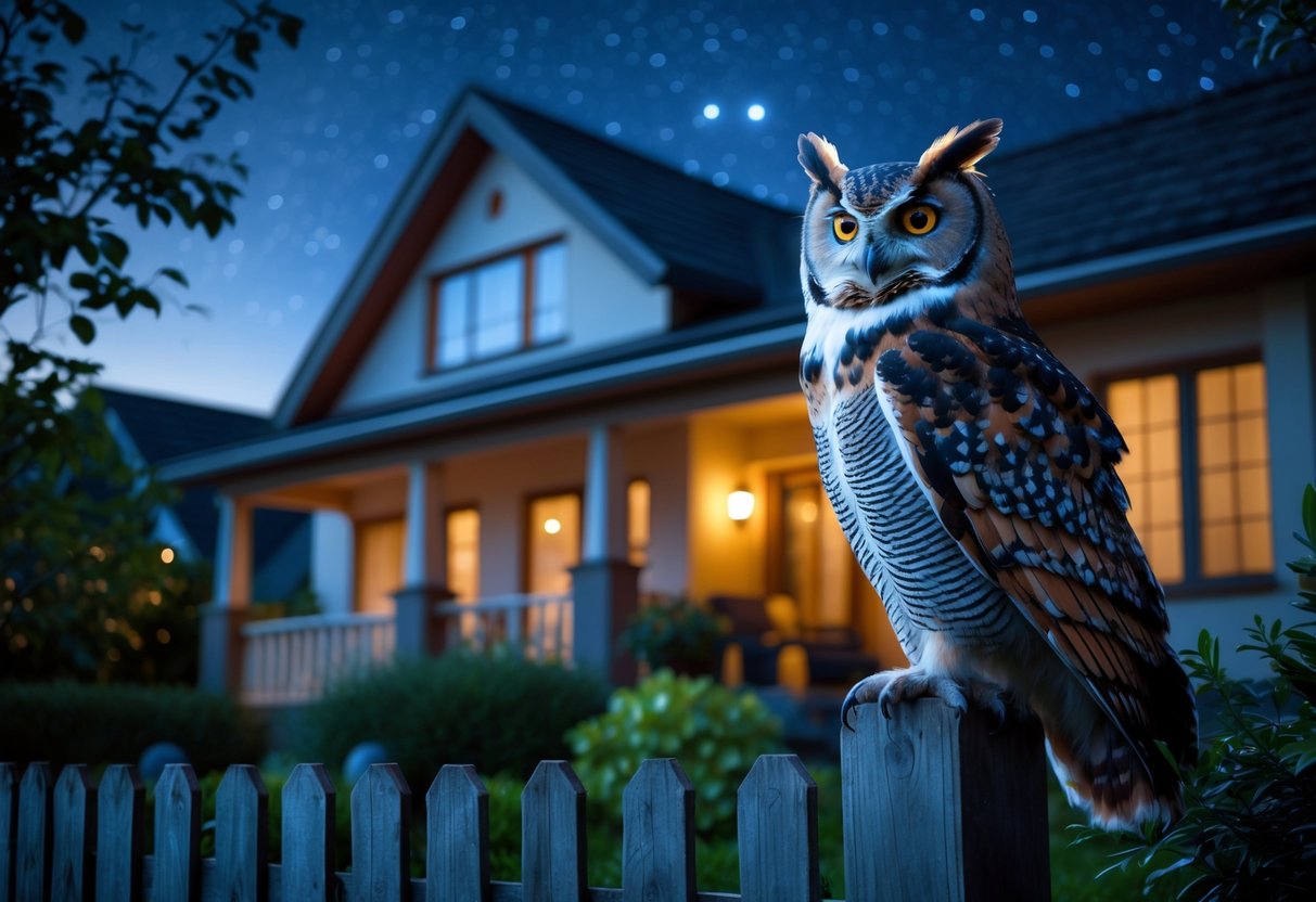 An owl perched on a fence outside a softly lit suburban house at night.