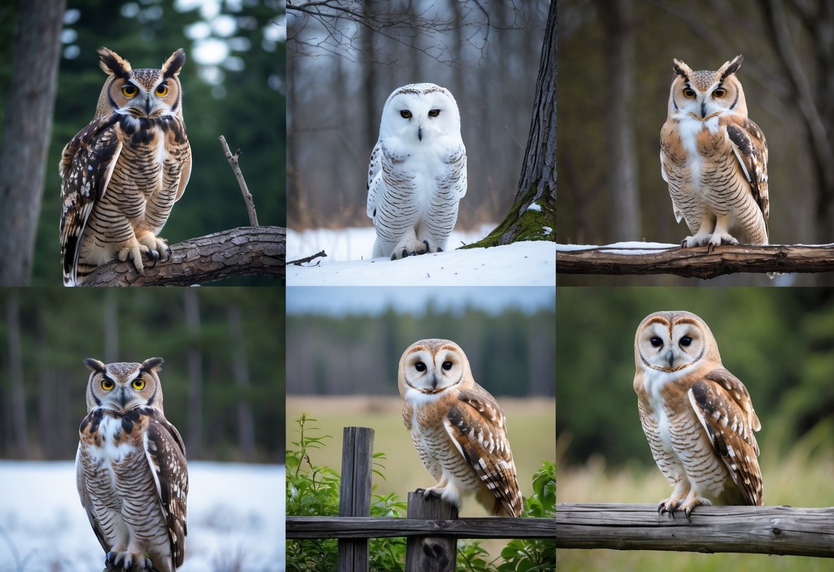 Several owl species perched in different natural environments, some with open beaks as if hooting.