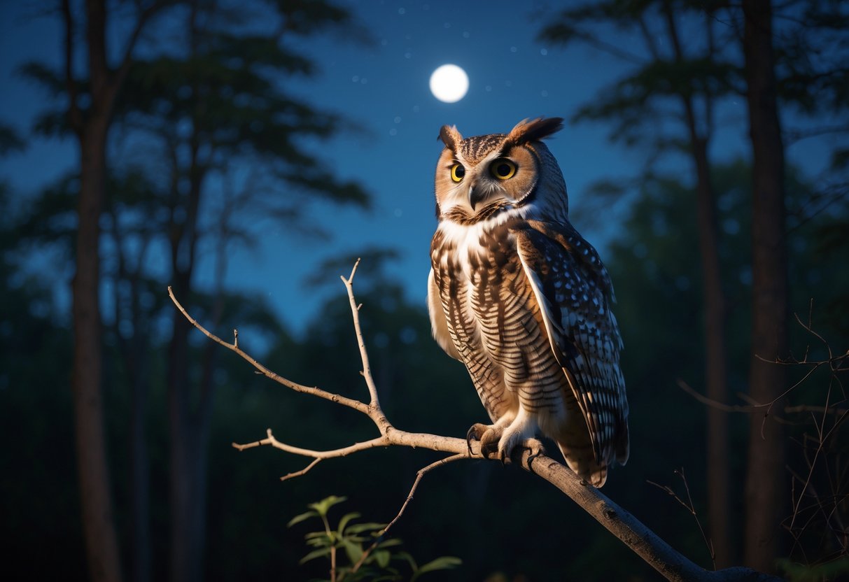 An owl perched on a tree branch at night in a forest under a starry sky.