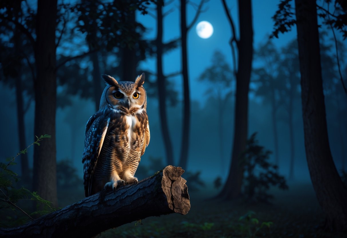 An owl perched on a tree branch in a quiet forest at night with moonlight shining through the trees.