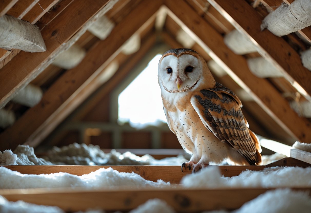 A barn owl perched inside the wooden rafters of a roof attic, surrounded by beams and insulation.