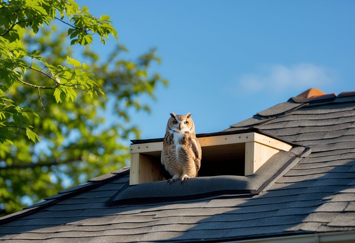 An owl perched in a nesting box on a house roof surrounded by trees under a clear sky.