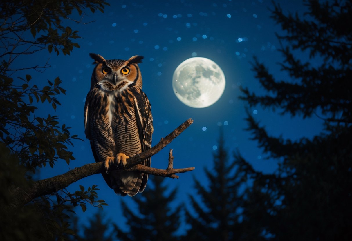 An owl perched on a tree branch at night, appearing to screech with its beak open in a dark forest under a starry sky.