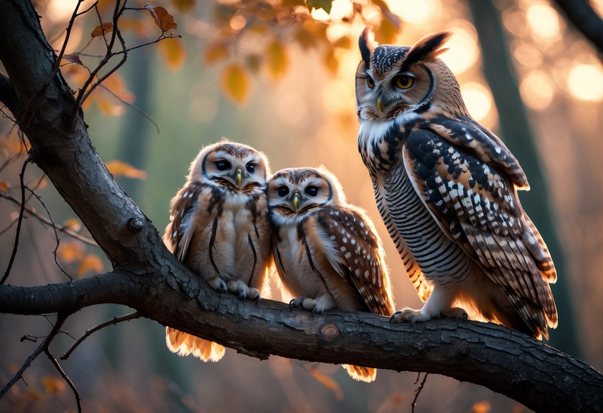 A mature owl perched on a tree branch beside two young owlets nestled closely together in a forest setting.