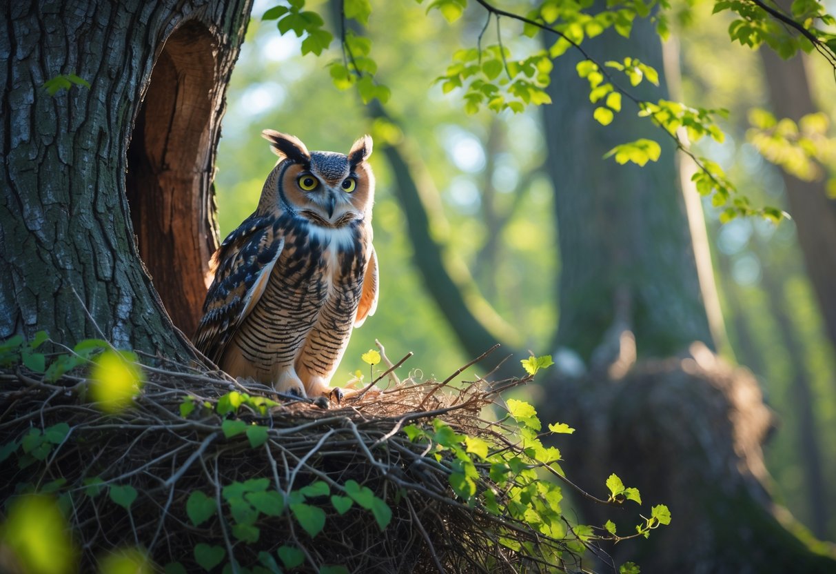 An owl perched at the entrance of its nest in a tree hollow surrounded by green leaves in a forest.