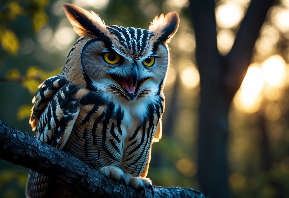 Close-up of an angry owl perched on a tree branch with its beak open at dusk in a forest.