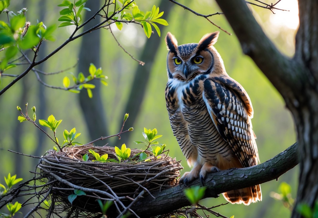 An owl perched on a tree branch next to its nest in a forest with green leaves and sunlight filtering through.
