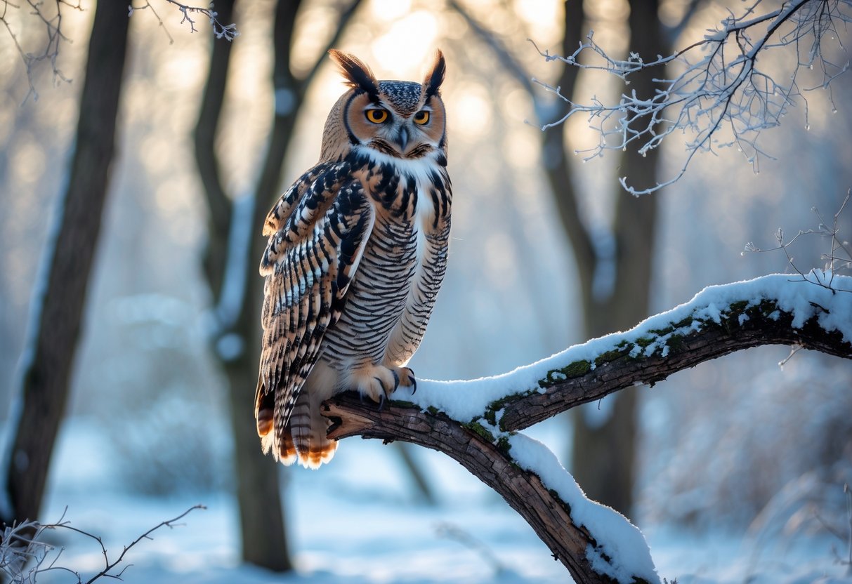An owl perched on a snow-covered tree branch in a quiet winter forest.