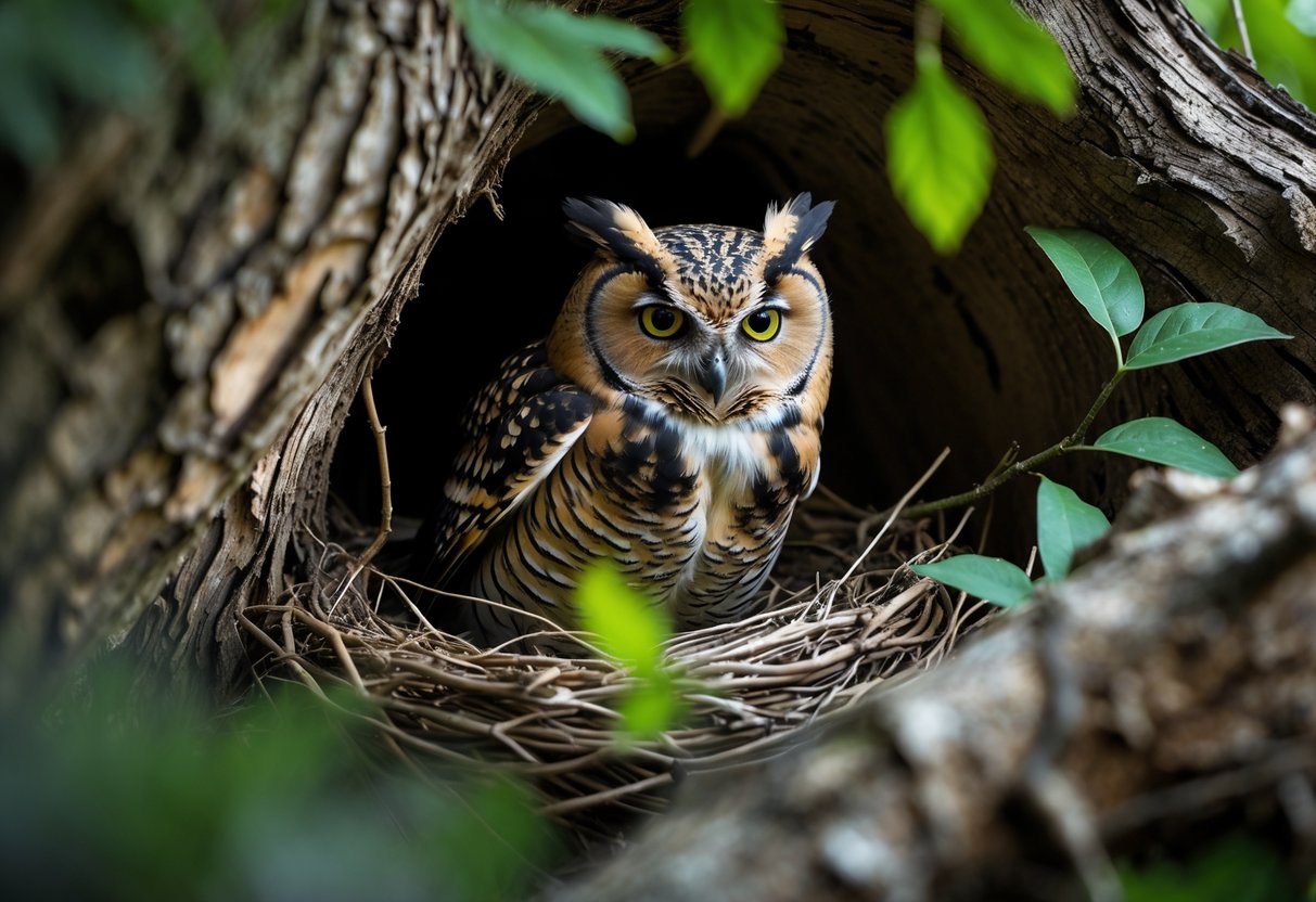 A small owl sitting inside a tree hollow surrounded by bark and leaves.