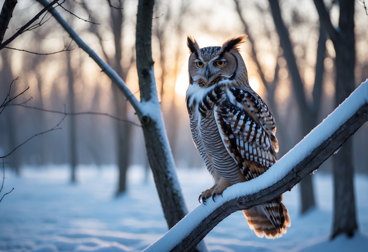 An owl perched on a snow-covered tree branch in a quiet winter forest at dawn.