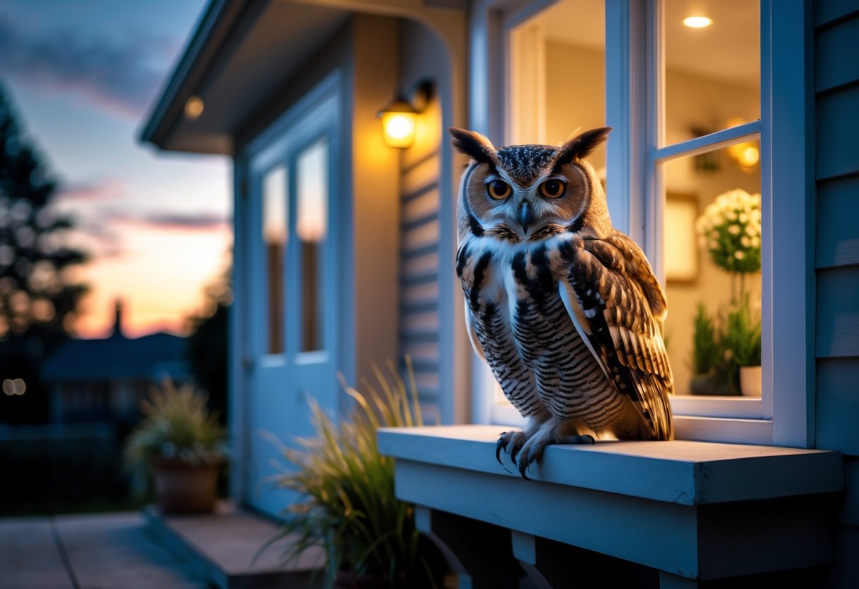 An owl perched on the windowsill of a warmly lit house at dusk.