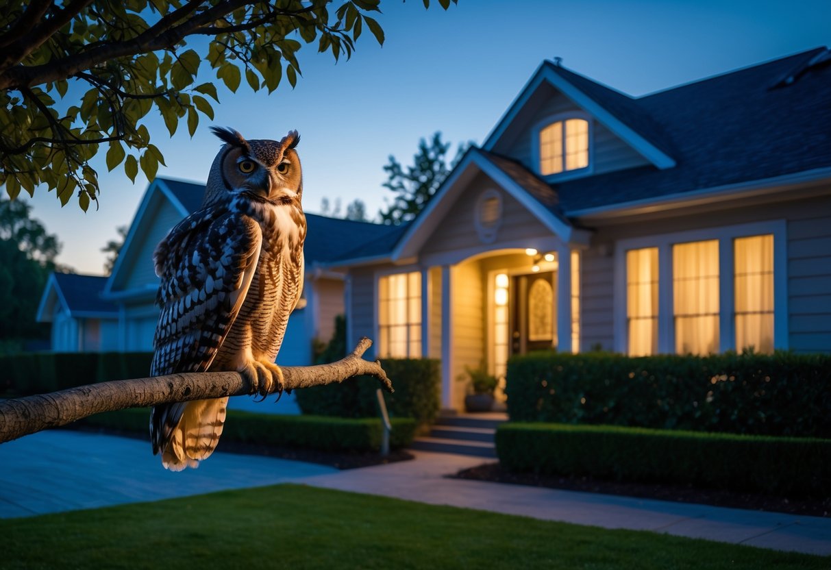 An owl perched on a tree branch near a suburban house at dusk, with warm lights glowing from the windows.
