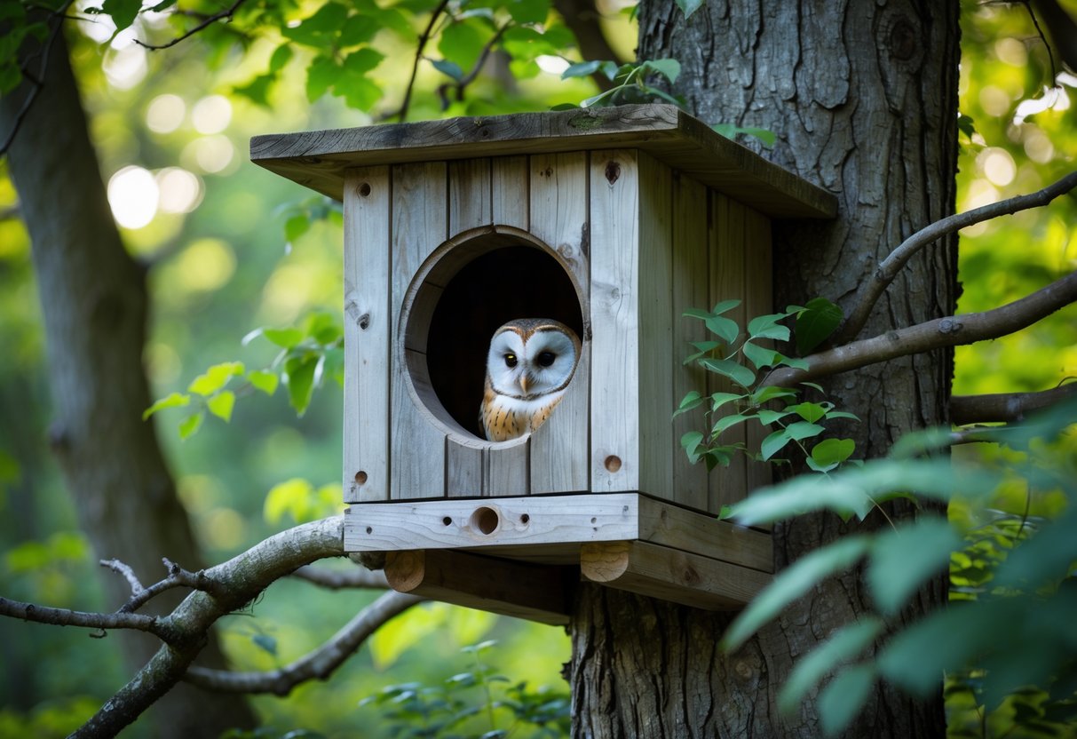 An owl perched near the entrance of a wooden nest box attached to a tree in a green forest.