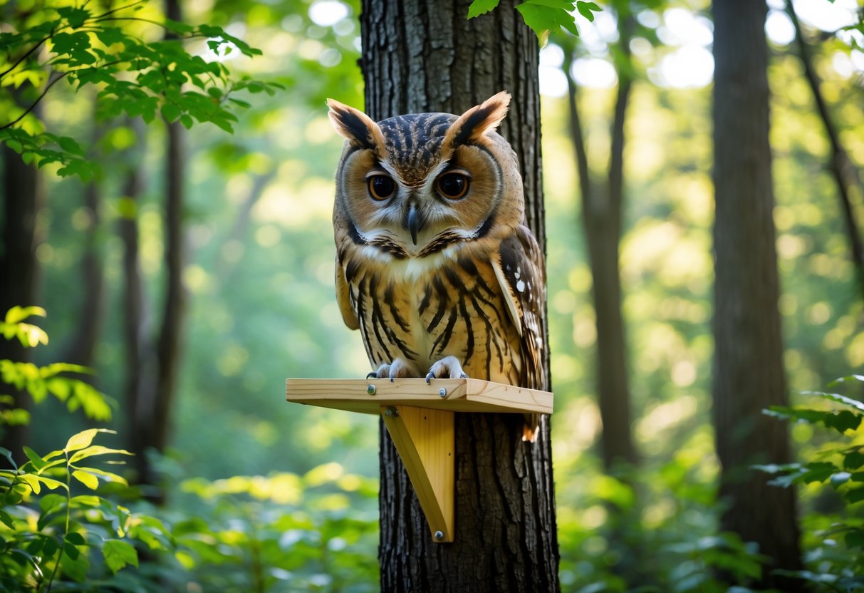A wooden owl house mounted on a tree trunk about 10 to 15 feet above the ground in a forest.