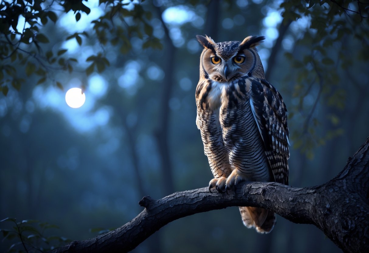 A close-up of an owl perched on a tree branch at twilight in a forest.