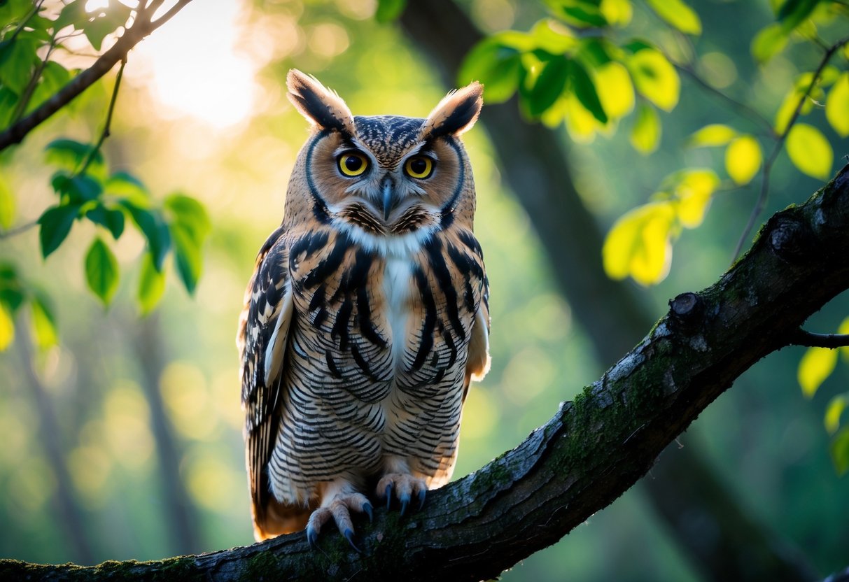 An owl perched on a tree branch staring directly ahead in a forest during the day.