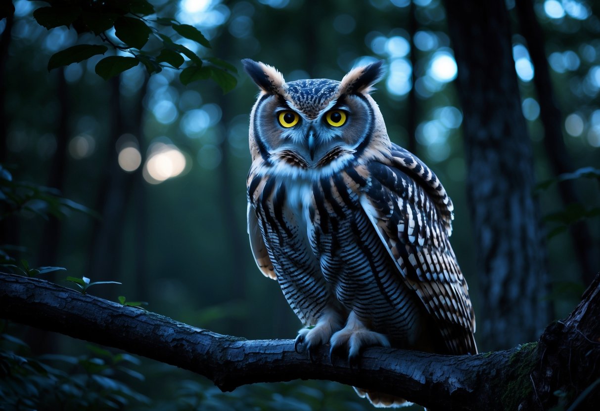 A close-up of an owl perched on a tree branch in a forest, staring directly ahead with bright yellow eyes.