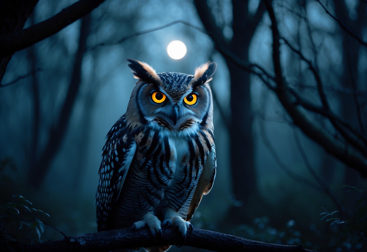 A close-up of a large owl with glowing eyes perched on a branch in a dark forest at dusk, surrounded by mist and shadowy trees.
