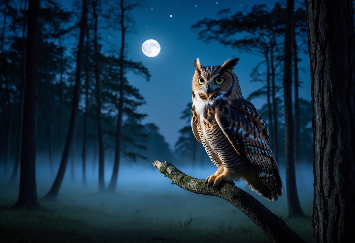 An owl perched on a tree branch at night in a moonlit forest, with stars visible in the sky.