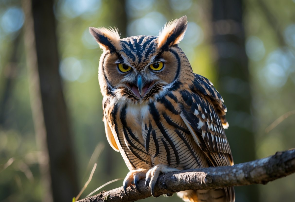 Close-up of an owl perched on a branch with narrowed eyes and fluffed feathers, showing signs of anger.