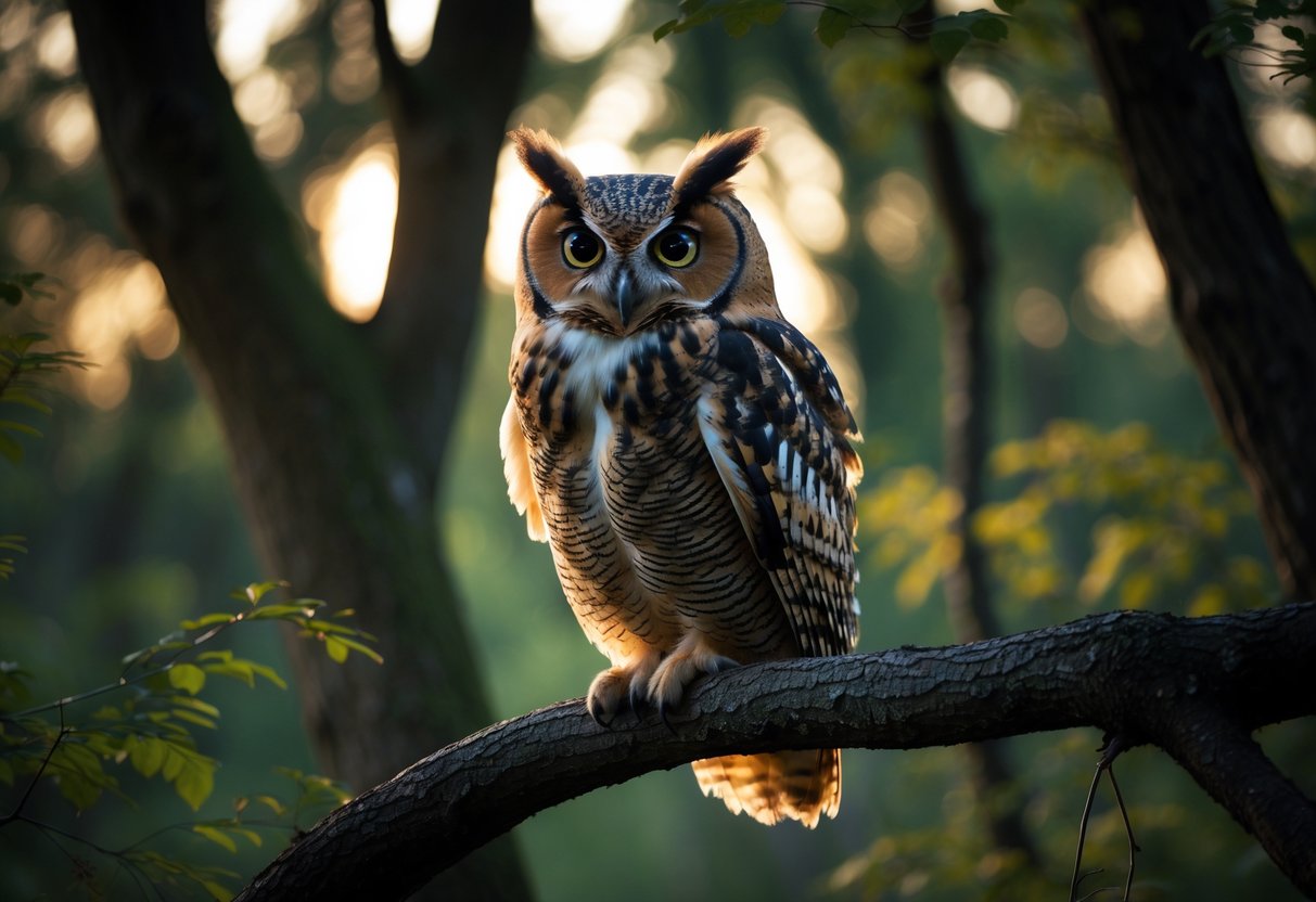 An owl perched on a tree branch in a forest at dusk, looking directly ahead.