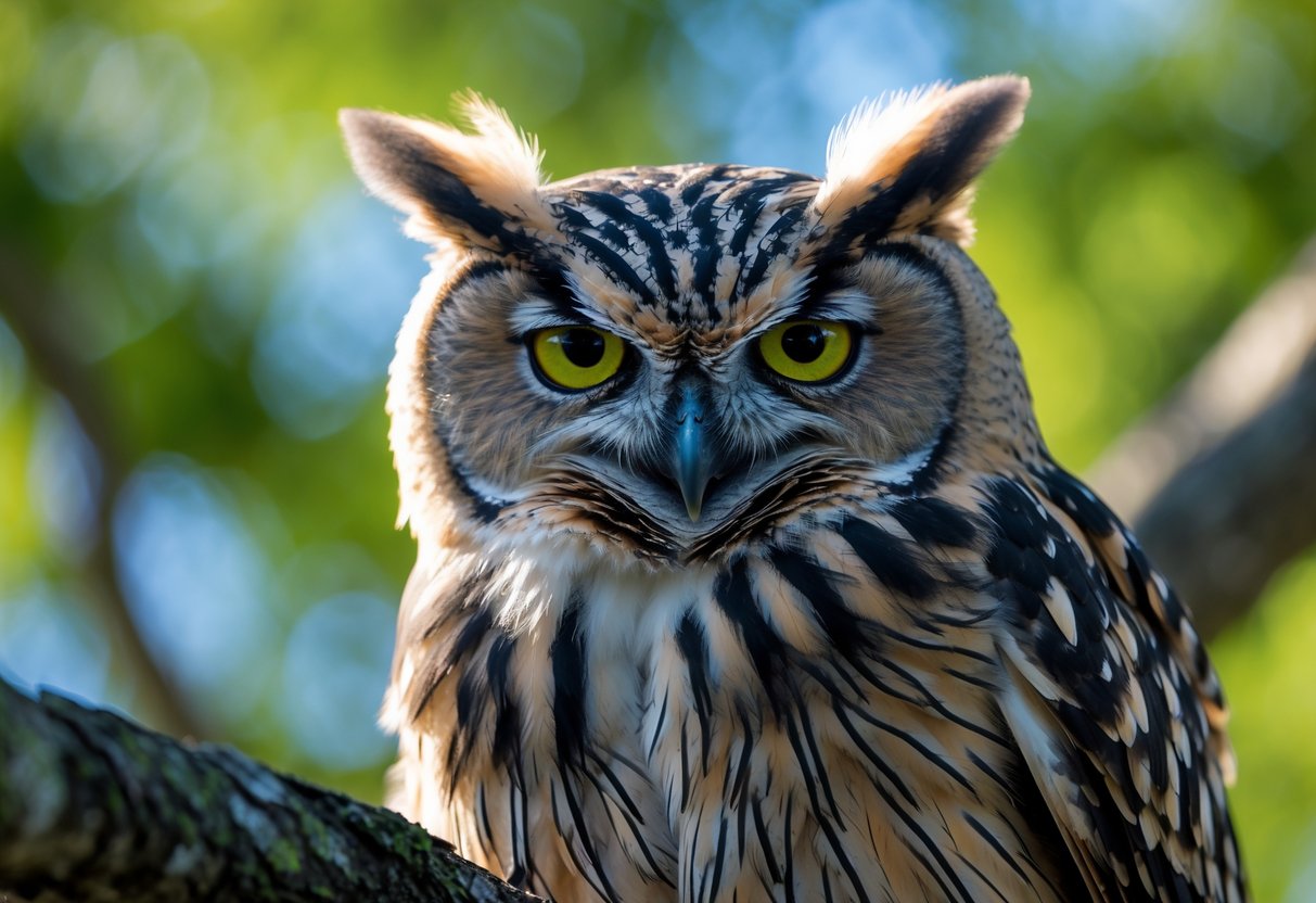 Close-up of an owl perched on a tree branch with intense eyes and fluffed-up feathers, looking angry.
