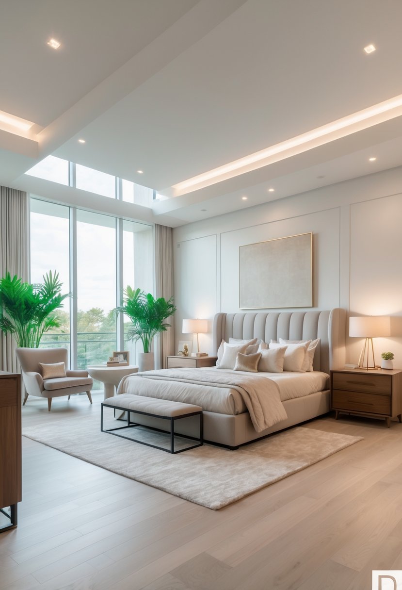 Master Bedroom Ideas 2026: 22 Stylish Designs for a Modern Retreat 2 A bright master bedroom with a king-size bed, wooden furniture, large windows, and indoor plants.