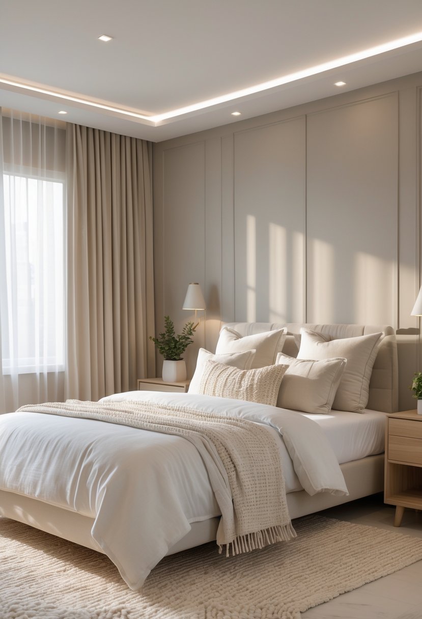 Master Bedroom Ideas 2026: 22 Stylish Designs for a Modern Retreat 3 A master bedroom with a neutral color scheme, featuring a large bed with white and cream linens, soft natural light, and simple wooden furniture.