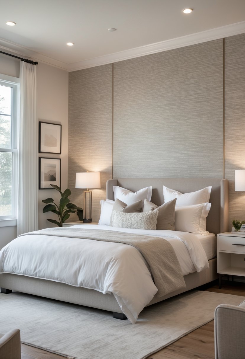 Master Bedroom Ideas 2026: 22 Stylish Designs for a Modern Retreat 4 A master bedroom with a bed against a textured wallpaper accent wall, bedside tables with lamps, and natural light coming through large windows.