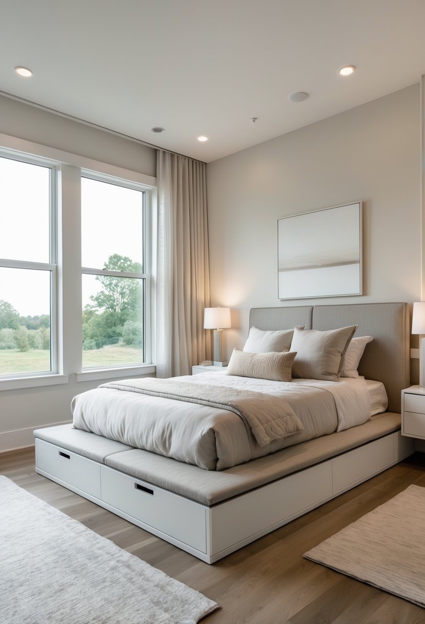 Master Bedroom Ideas 2026: 22 Stylish Designs for a Modern Retreat 6 A master bedroom with a platform bed featuring built-in storage drawers and natural light coming through large windows.