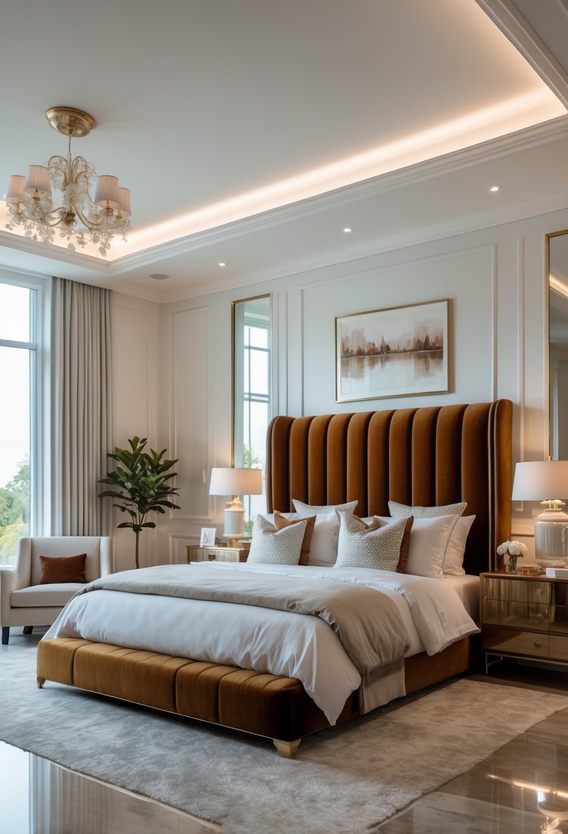 Master Bedroom Ideas 2026: 22 Stylish Designs for a Modern Retreat 7 A master bedroom with a large velvet upholstered headboard, a neatly made bed, bedside tables, and natural light coming through windows.