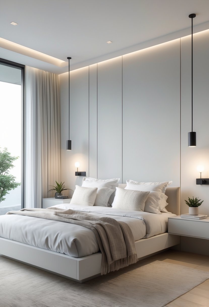 Master Bedroom Ideas 2026: 22 Stylish Designs for a Modern Retreat 8 A master bedroom with a large bed and floating nightstands mounted on the walls, featuring simple decor and natural light coming through a window.
