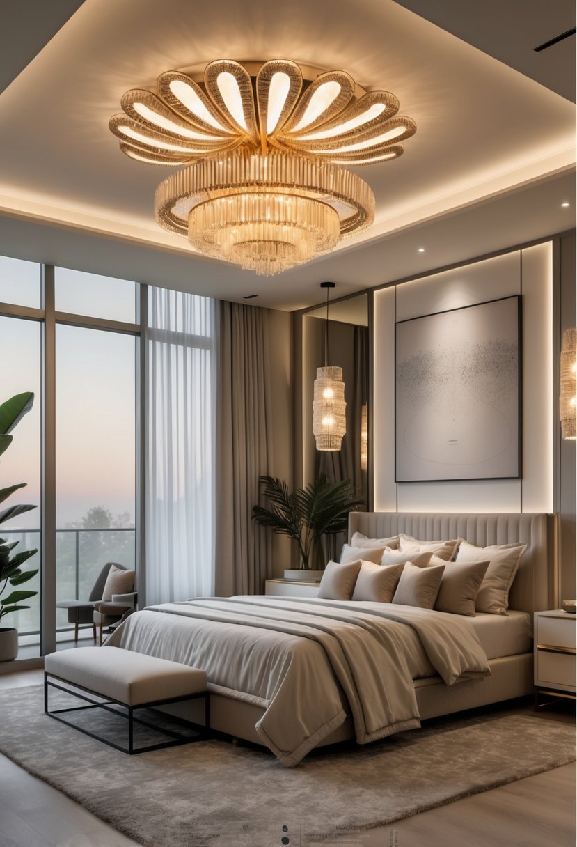 Master Bedroom Ideas 2026: 22 Stylish Designs for a Modern Retreat 10 A master bedroom with a large bed and elegant hanging light fixtures illuminating the space.