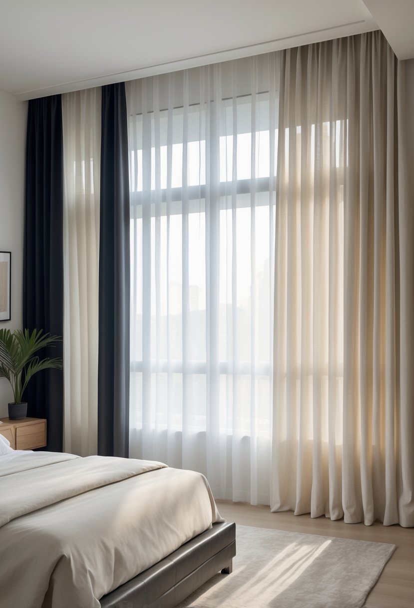 Master Bedroom Ideas 2026: 22 Stylish Designs for a Modern Retreat 11 A master bedroom with a large window covered by sheer white curtains and dark blackout drapes, a neatly made bed, and soft natural light filling the room.
