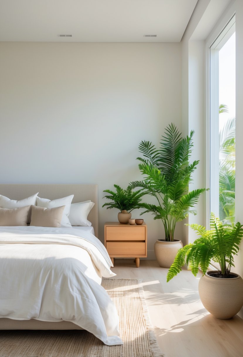 Master Bedroom Ideas 2026: 22 Stylish Designs for a Modern Retreat 13 A master bedroom with a bed, nightstand, and several indoor plants near a large window letting in sunlight.