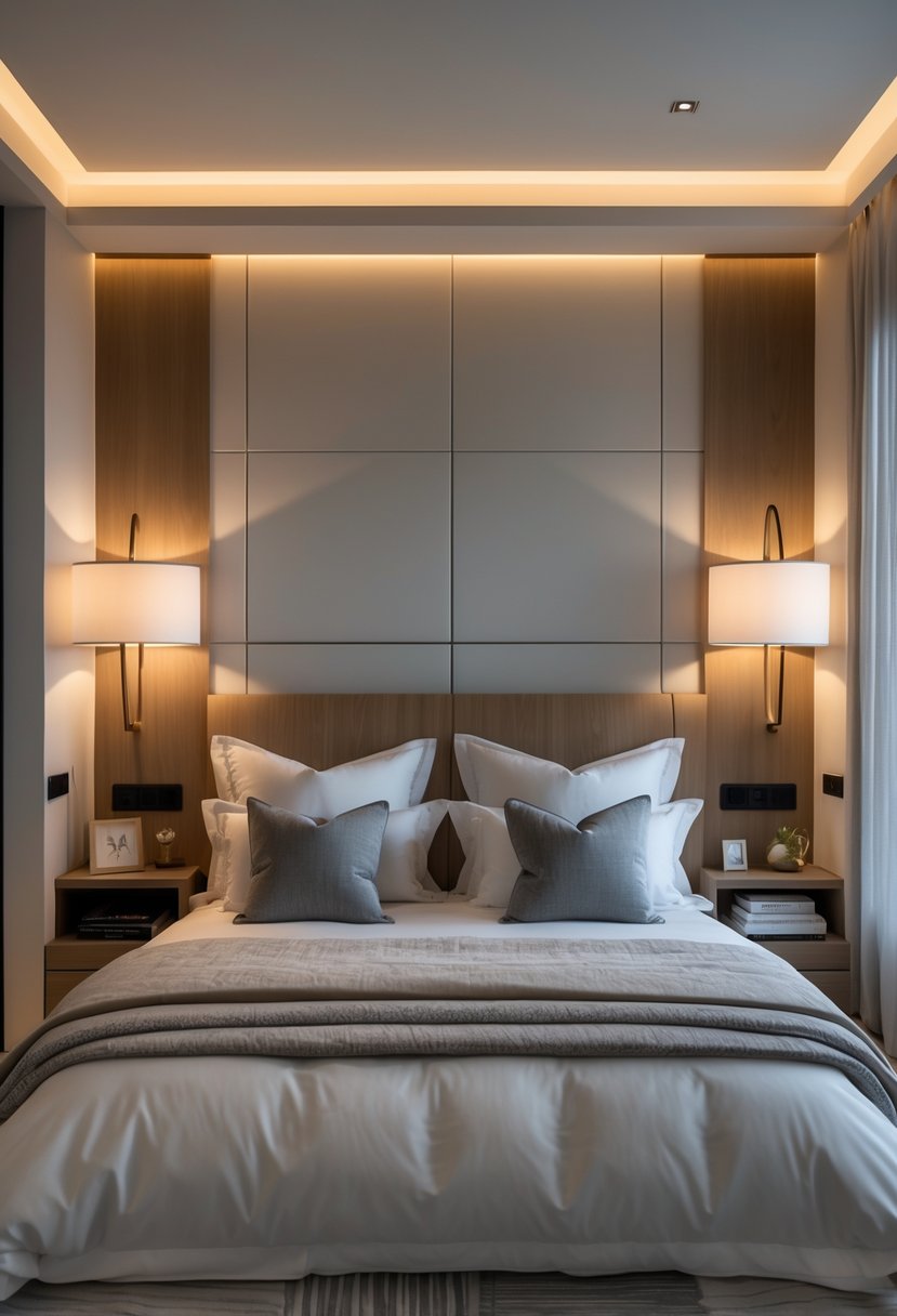 Master Bedroom Ideas 2026: 22 Stylish Designs for a Modern Retreat 14 A master bedroom with a large bed and wall-mounted reading lamps on both sides, softly lit and decorated with books and simple decor.