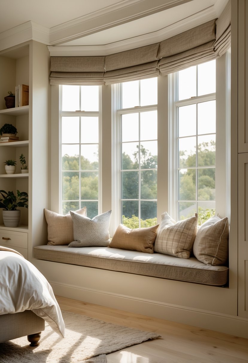 Master Bedroom Ideas 2026: 22 Stylish Designs for a Modern Retreat 15 A master bedroom with a cozy window seat featuring cushions by a large bay window with natural light.