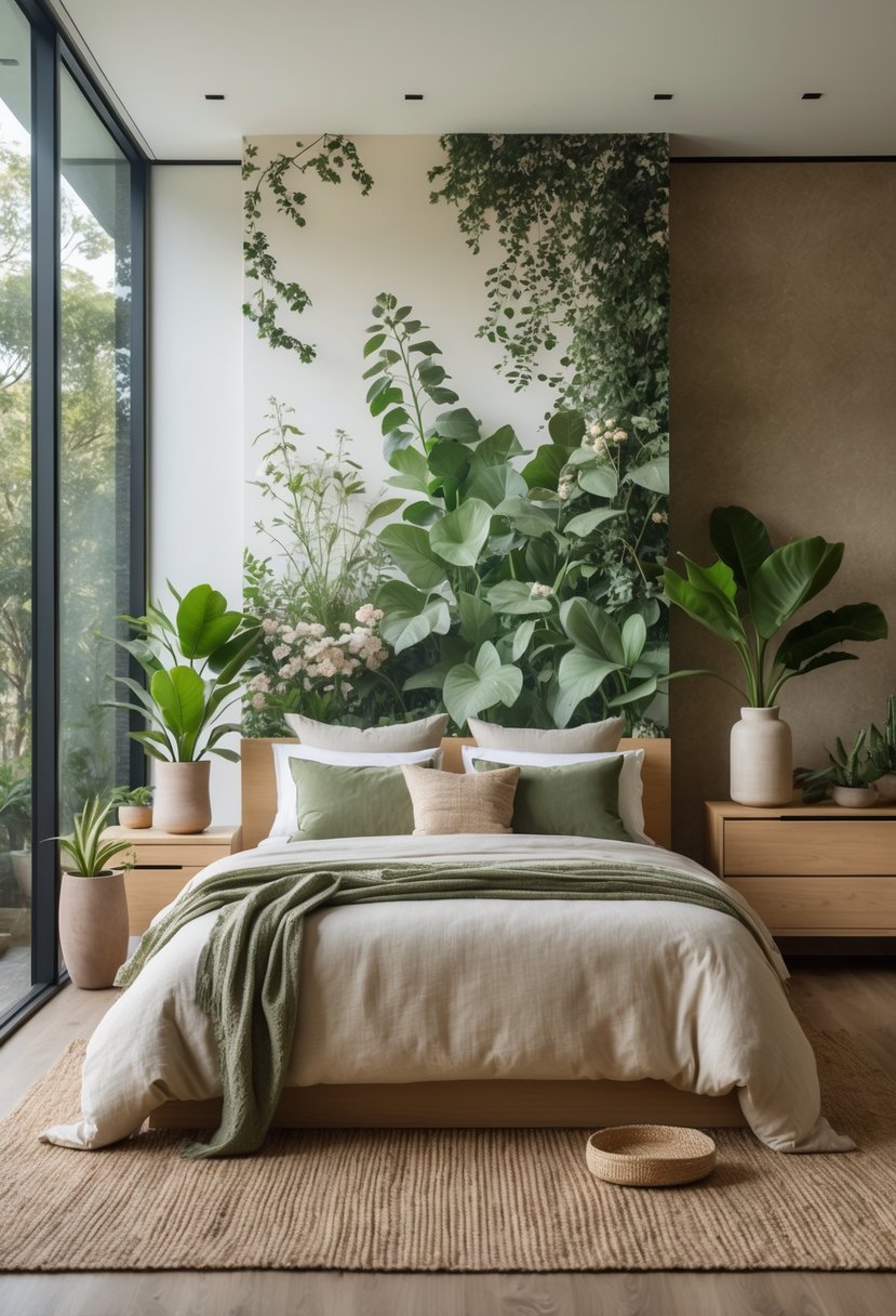 Master Bedroom Ideas 2026: 22 Stylish Designs for a Modern Retreat 16 A master bedroom with large windows, a bed with green and beige linens, wooden furniture, plants, and botanical artwork creating a calm and natural atmosphere.