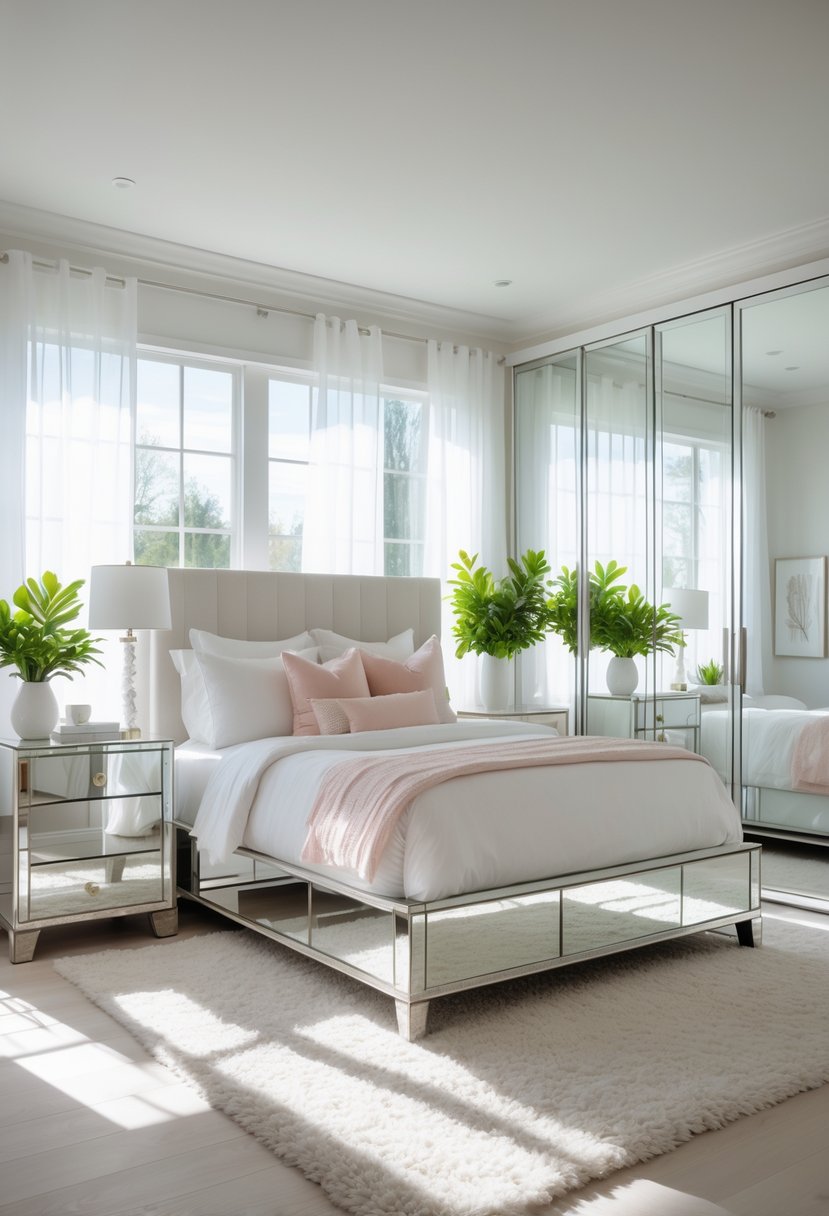 Master Bedroom Ideas 2026: 22 Stylish Designs for a Modern Retreat 17 A master bedroom with a large bed, mirrored nightstands, dresser, and wardrobe reflecting natural light from windows with sheer curtains.
