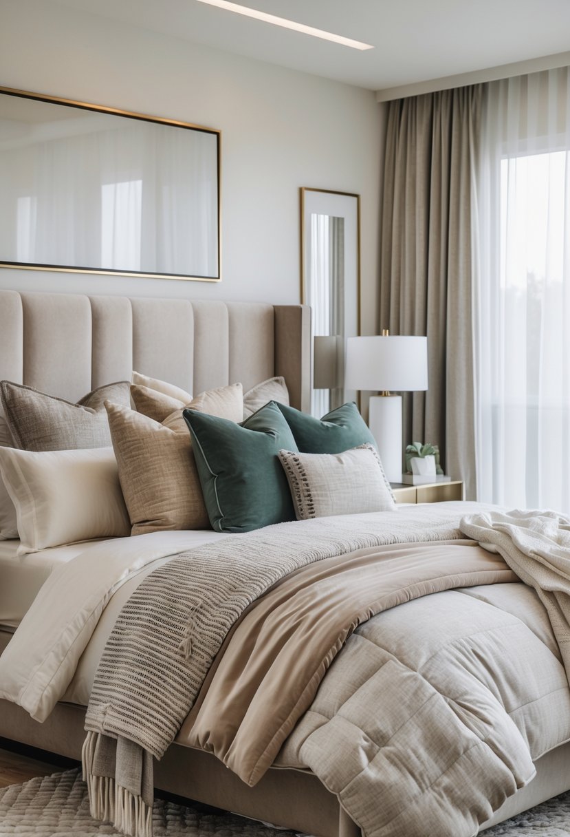 Master Bedroom Ideas 2026: 22 Stylish Designs for a Modern Retreat 19 A master bedroom with a neatly made bed featuring multiple layers of bedding and pillows, illuminated by natural light from a window.