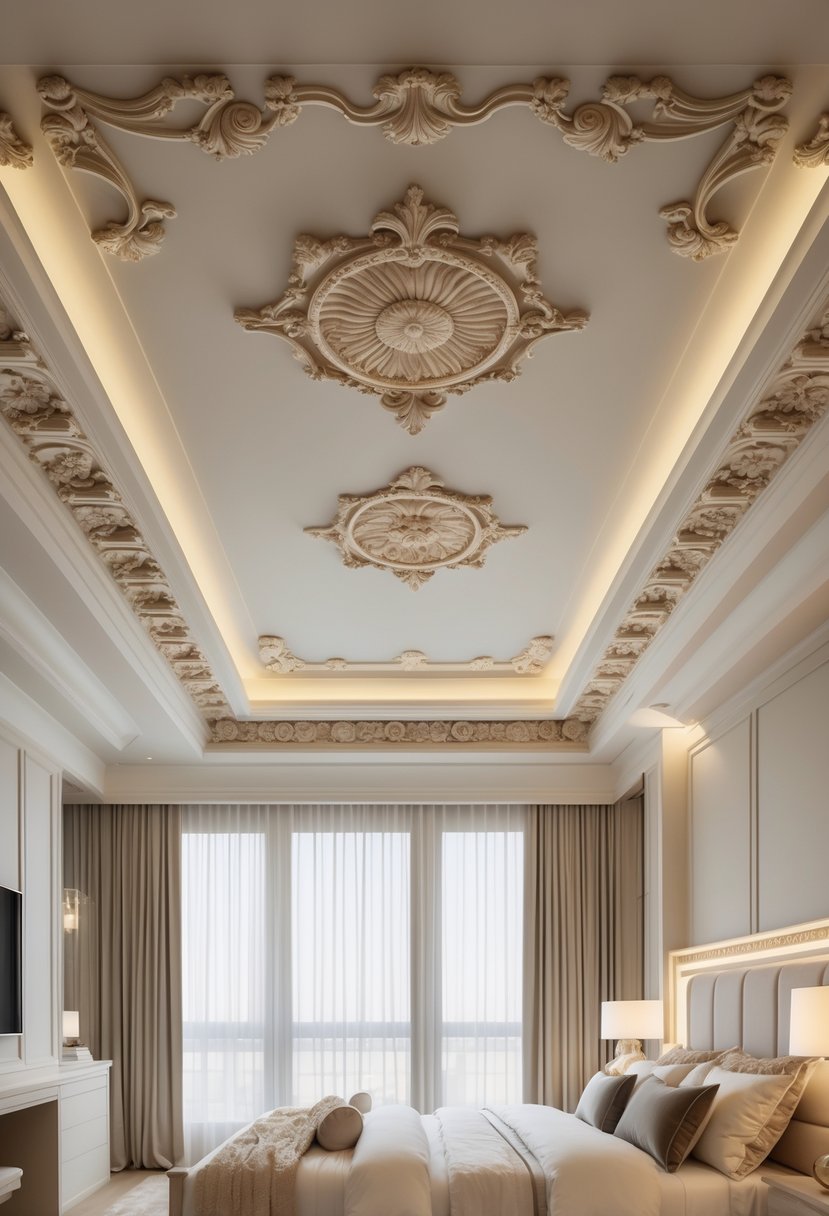 Master Bedroom Ideas 2026: 22 Stylish Designs for a Modern Retreat 20 A master bedroom ceiling with detailed decorative molding and soft natural light illuminating the room.