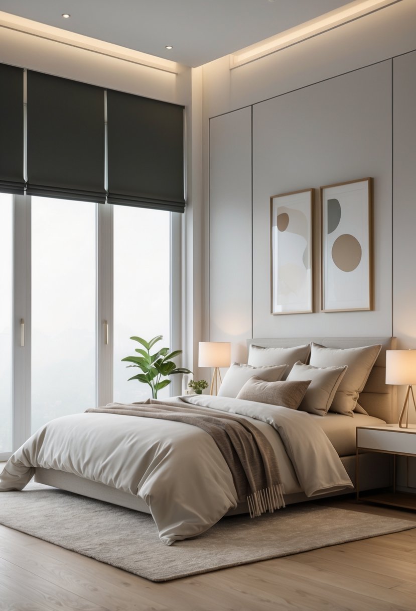 Master Bedroom Ideas 2026: 22 Stylish Designs for a Modern Retreat 21 A master bedroom with blackout roller shades covering the windows, a king-sized bed, bedside tables with lamps, and a calm, cozy atmosphere.