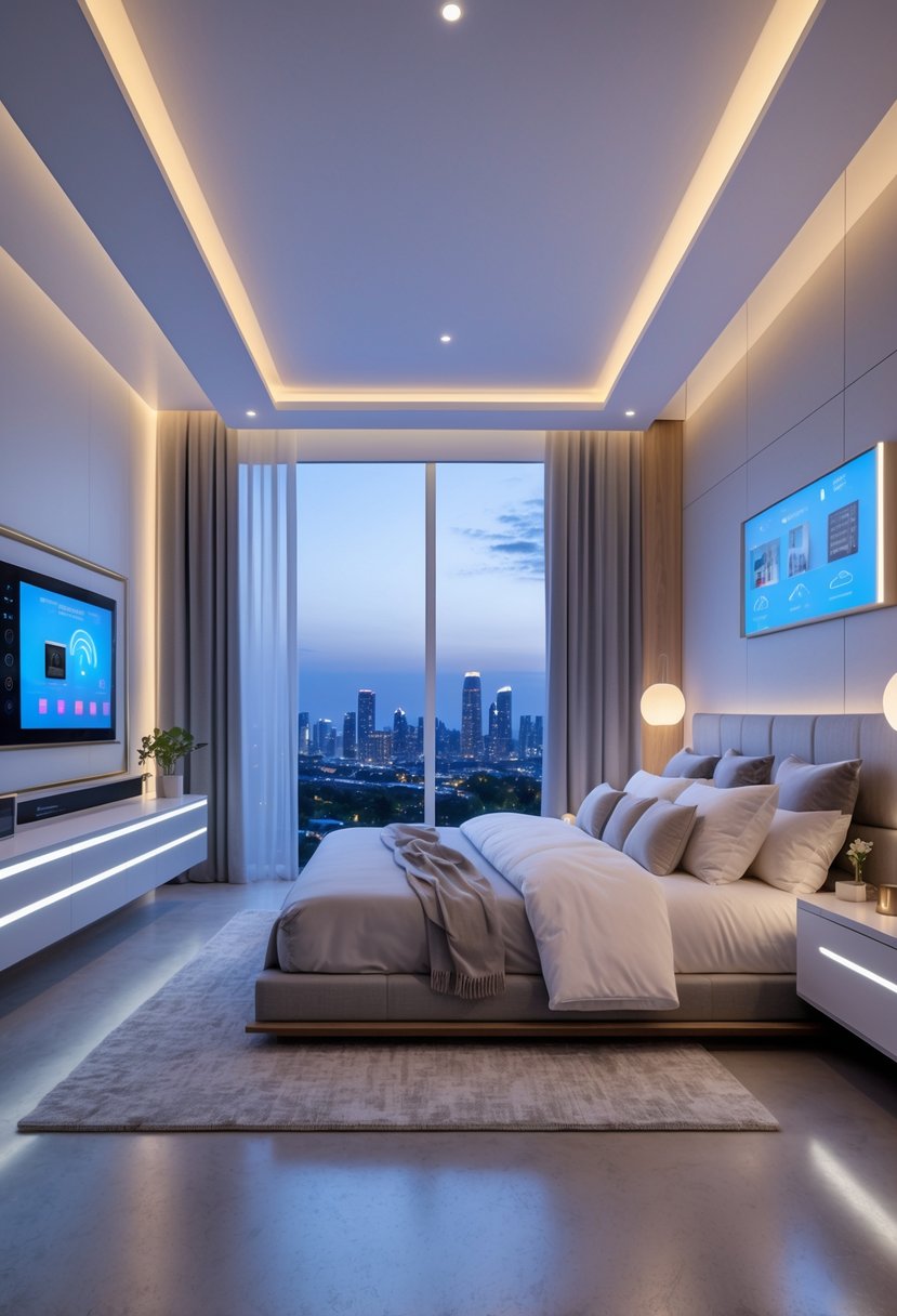 Master Bedroom Ideas 2026: 22 Stylish Designs for a Modern Retreat 24 A modern master bedroom with a large bed, smart home devices like touch panels and smart speakers, and large windows overlooking a city at dusk.