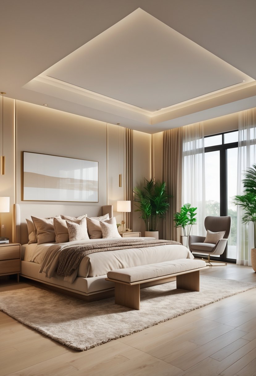 Master Bedroom Ideas 2026: 22 Stylish Designs for a Modern Retreat 25 A spacious master bedroom with a large bed, nightstands, floor-to-ceiling windows, indoor plants, and a reading nook.