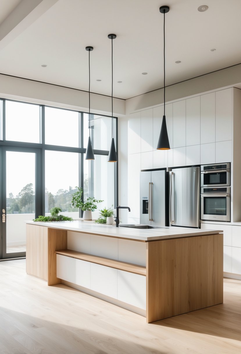 Modern Kitchen Ideas 2026: 21 Stylish Designs for Contemporary Homes 2 A spacious modern kitchen with a white and wood island, stainless steel appliances, large windows, and plants.