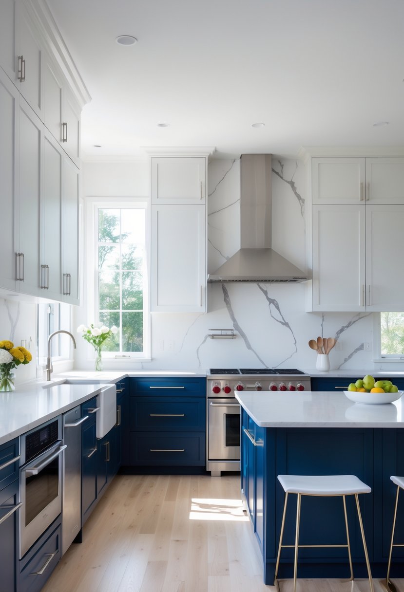 Modern Kitchen Ideas 2026: 21 Stylish Designs for Contemporary Homes 3 A bright kitchen with white upper cabinets and dark blue lower cabinets, a large island, and stainless steel appliances.