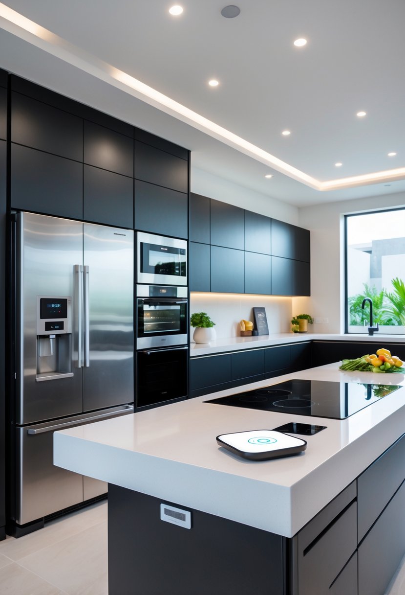 Modern Kitchen Ideas 2026: 21 Stylish Designs for Contemporary Homes 4 A modern kitchen with integrated smart appliances including a smart refrigerator, built-in oven, and induction cooktop, featuring bright lighting and sleek countertops.