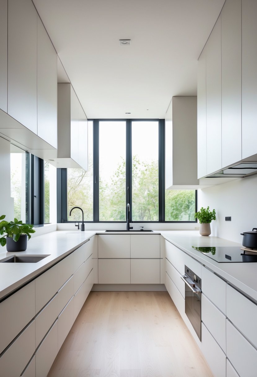 Modern Kitchen Ideas 2026: 21 Stylish Designs for Contemporary Homes 5 A bright kitchen with white handleless cabinets, light countertops, and hardwood floors illuminated by natural light.