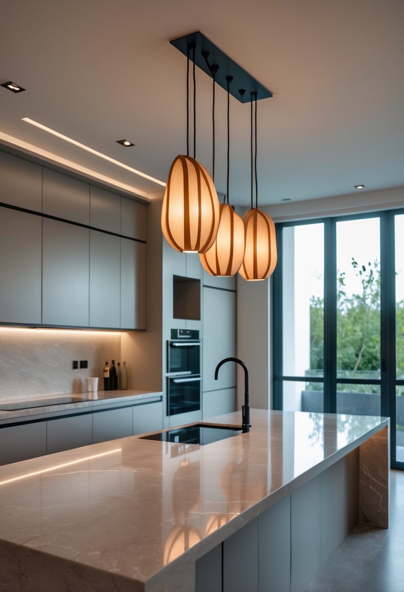 Modern Kitchen Ideas 2026: 21 Stylish Designs for Contemporary Homes 6 A modern kitchen with a large island and distinctive pendant lights hanging above it.